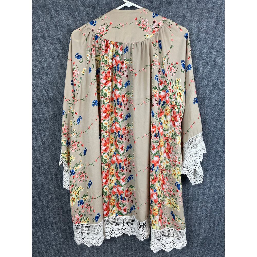 Umgee Tan Floral Lace Trimmed Kimono/ M/L Multi Colors - Picture 7 of 9